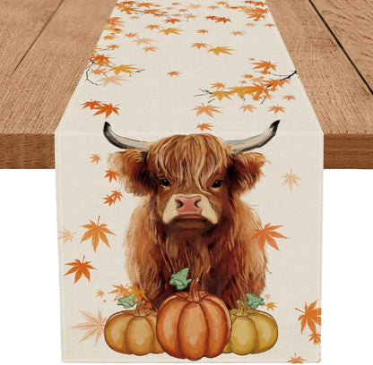 Fall Table Runner Cow Pumpkin Linen Seasonal Kitchen Dining Table Home Outdoor Party Decorations 13X72 Inch1