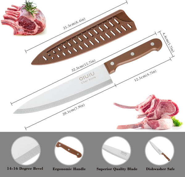 8 Inch Chef Knife, Razor Sharp Kitchen Knife with Protective Knife Sheath, Razor Sharp Slicing Knife with Ergonomic Handle, German Stainless Steel, Dishwasher Safe (Brown Color)2