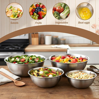4 Pcs Stainless Steel Mixing Bowls, Metal Mixing Bowls, Nesting Metal Salad Prep Bowl, Reusable Metals Baking Food Container Large Medium Small for Kitchen, Nesting, Cooking, Baking5