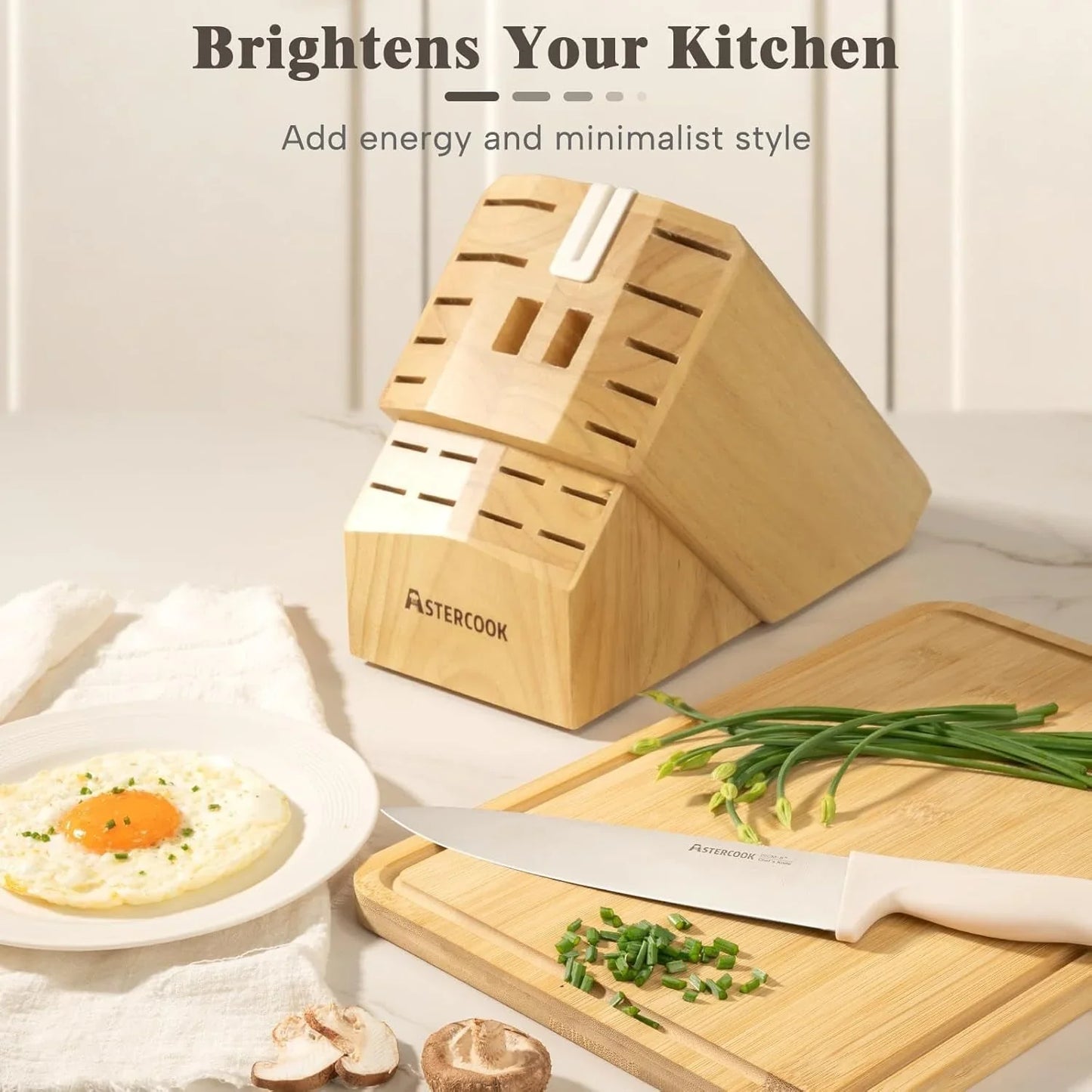 AsterCook wooden knife block with built-in sharpener on kitchen counter, chef knife with white handle, cutting board with fresh chopped chives