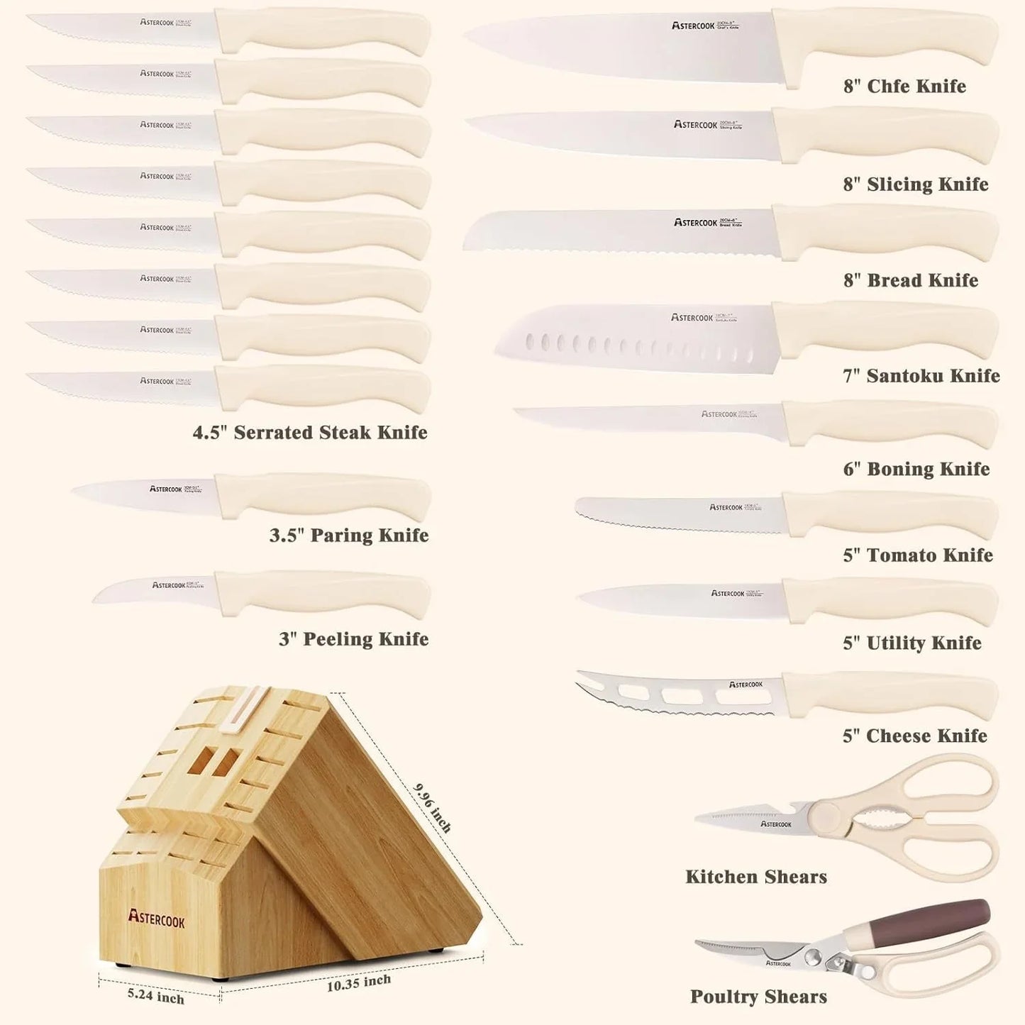 22-piece AsterCook cream kitchen knife set with wooden block, including chef, slicing, bread, santoku knives, kitchen and poultry shears