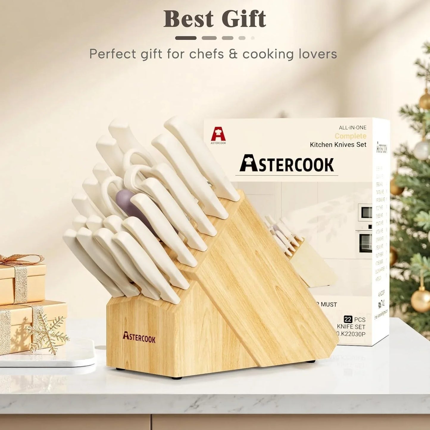 22-piece cream white kitchen knife set with wooden block and built-in sharpener by Astercook