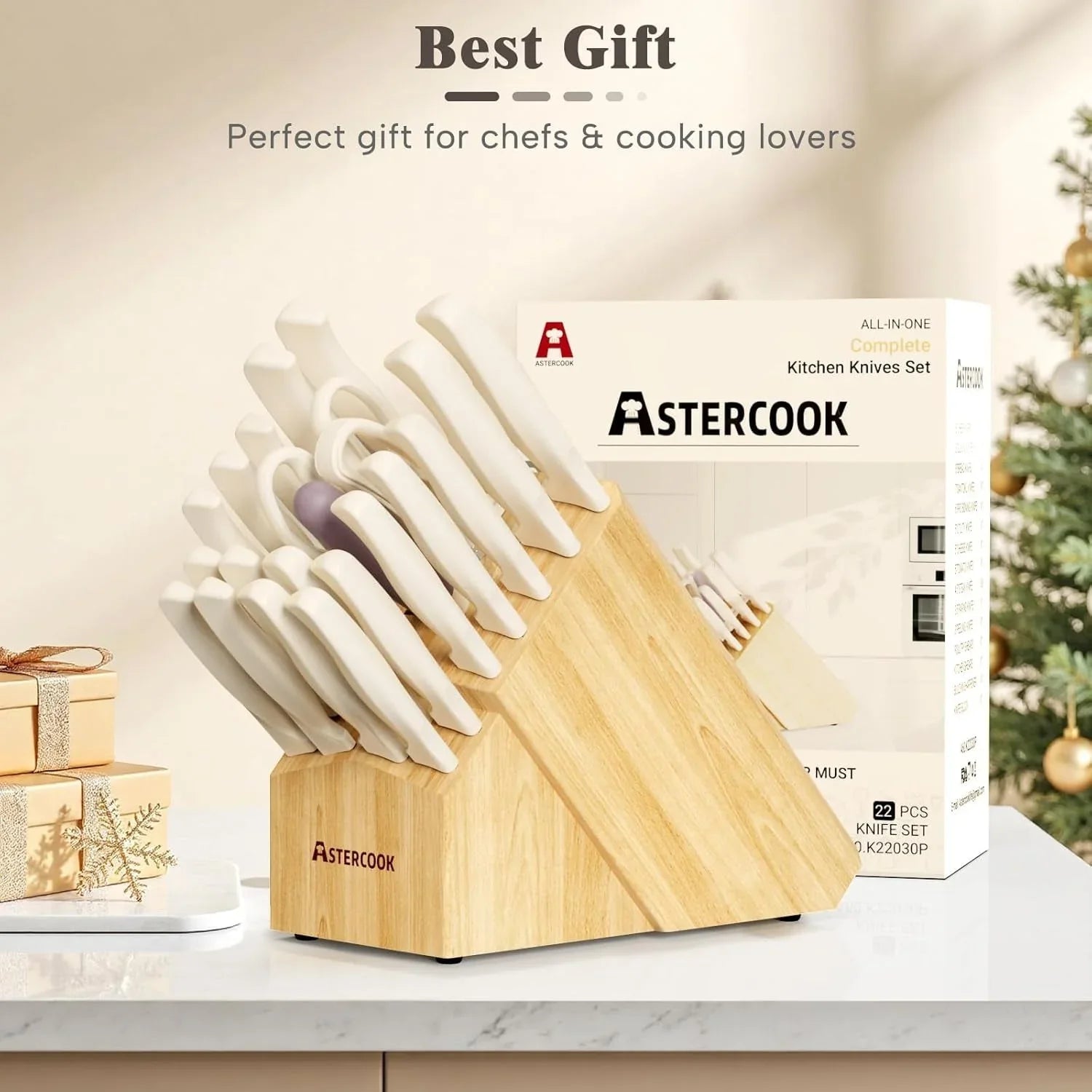 22-piece cream white kitchen knife set with wooden block and built-in sharpener by Astercook