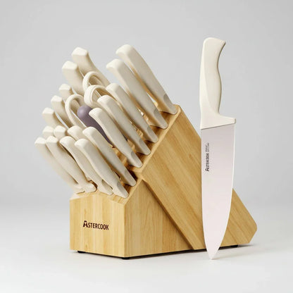 22-piece white handle kitchen knife set with wooden block and built-in sharpener by Astercook