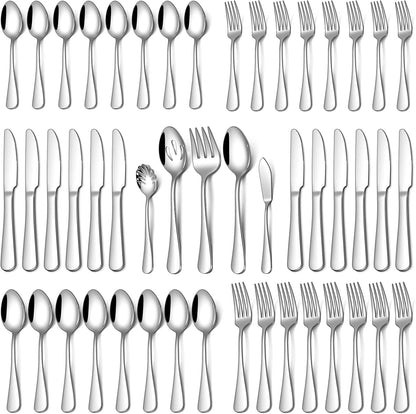 45 Piece Silverware Set for 8 with Serving Utensil Set, Food-Grade Stainless Steel Flatware Set Include Forks Spoons Knives, Dishwasher Safe for Home Hotel Restaurant Wedding, Mirror Polished1