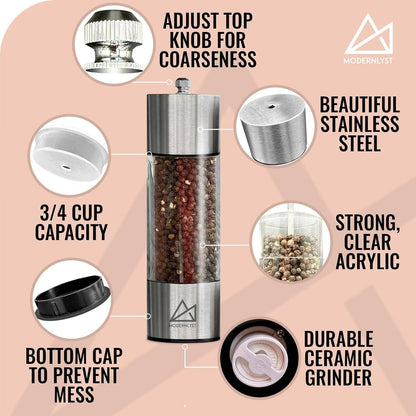 Salt and Pepper Grinder Set Manual 2 Pack | Large round Salt and Pepper Shakers Set | 7.5 Inch Stainless Steel Salt Grinder Refillable | Manual Pepper Grinder (Stainless Steel)4