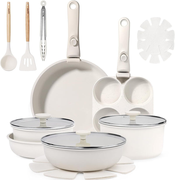 18PCS Pots and Pans Set Non Stick Kitchen Cookware Sets Pot and Pan | Non Toxic,Healthy RV Cookware, Dishwasher ＆Oven Safe,All Stoves Are Compatible White1