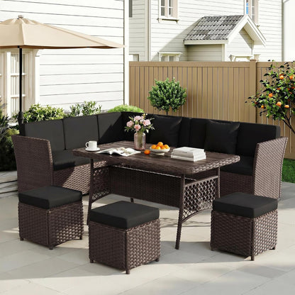 7 Pieces Patio Furniture Set, Outdoor Patio Furniture, Wicker Conversation Set with Dining Table, Chairs and Ottoman8