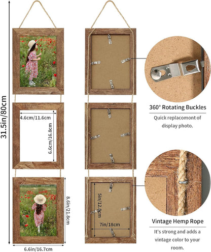 5X7 Collage Picture Frames Set of 2, Rustic Wooden Real Glass Vertical Hanging 3 Opening 5 by 7 Photo Frame, Rustic Brown4