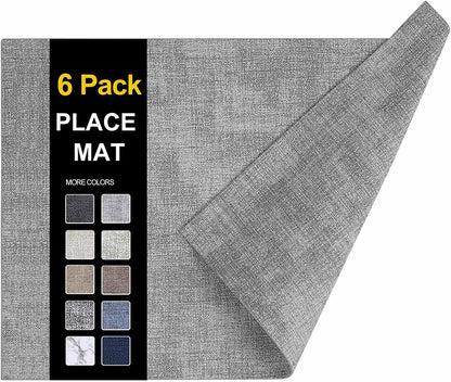 Faux Leather Heat Resistant Placemats 6 Packs, Waterproof Wipeable Dining PU Place Mats for Indoor & Outdoor, Easy to Clean, Light Grey1