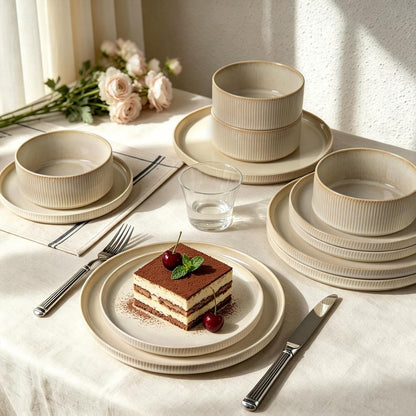 Stoneware Dinnerware Sets for 4, 12Pcs Ribbed Plates and Bowls Set, Beige8