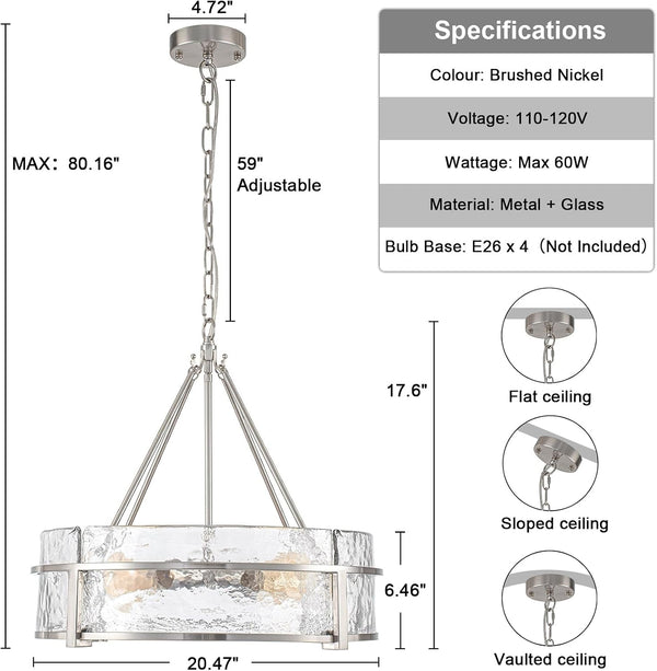 20.47" Modern Glass Chandelier for Dining Room, Brushed Nickel Textured3