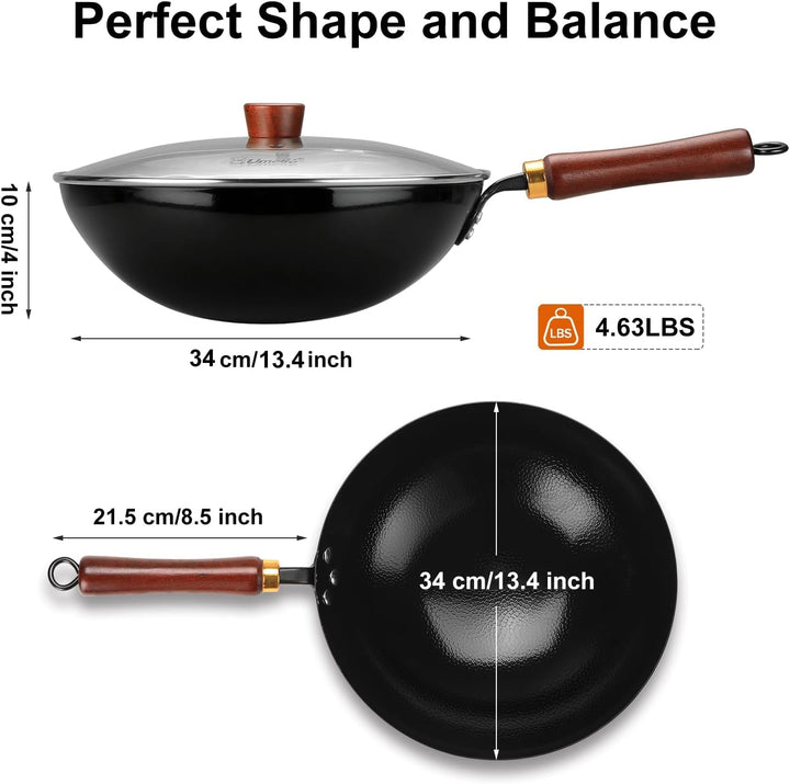 Carbon Steel Wok Pan, 13.4-Inch Nonstick Pre-Seasoned Woks & Stir-Fry Pans with Glass Lid, No Chemical Coated Wok round Bottom Hand Hammered Chinese Wok for Gas Stoves+2