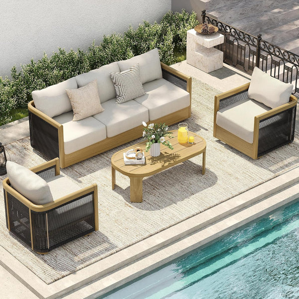 Aluminum Patio Furniture Set, 3 Pieces Wood-Like Oversized 3-Seat Sofa Conversation Set with Thick Cushion, Curved Tub Design with Woven Rope Accents for Garden, Backyard, Poolside1