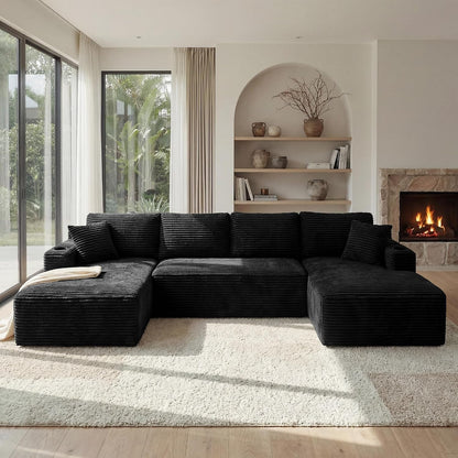 125" U-Shaped Modular Sectional Sofa, Corduroy Boneless Couch, Black5