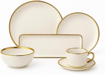 32-Piece Ceramic Dinnerware Set for 6, White Tableware Set with Gold Trim, Dinner Plates, Salad Plates, Bowls, Mugs & Rectangular Serving Platters for Everyday Dining, Home & Housewarming Gift1