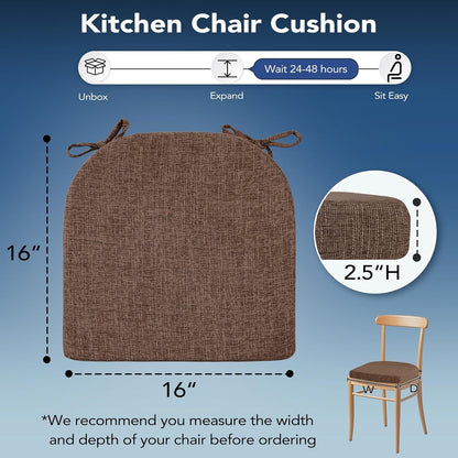 Chair Cushions for Dining Chairs, Non Slip Chair Pads with Ties and Washable Covers, Memory Foam Kitchen Chair Cushions Set of 4, 16"X16"X2.5", Brown2