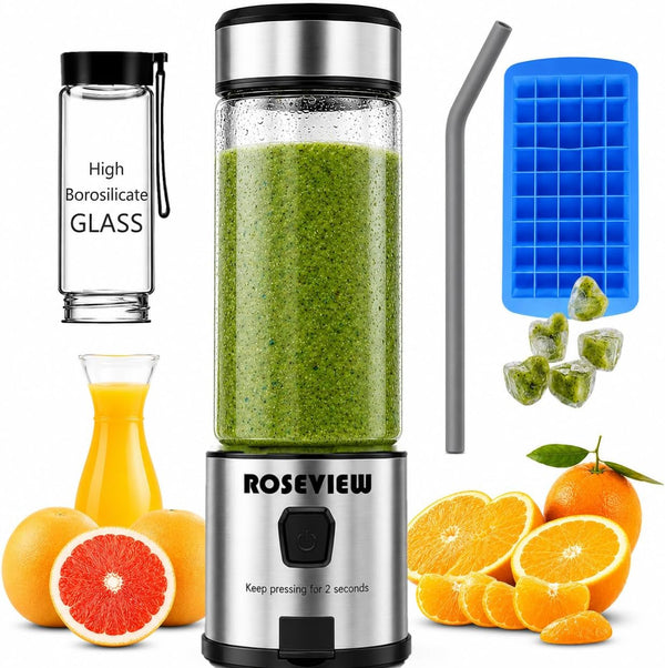 Portable Smoothie Blender  Glass Bottle USB Rechargeable Mini Handheld Ice Shakes Cup 2 Speed Blend Juicer Cordless Personal Smoothies Maker Fruit Mixer (Inoxsteel)1