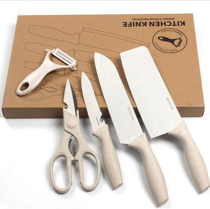 Cutlery Baby Food Scissors Stainless Steel Chef Kitchen Knife Set Five Pieces Nakiri,Steak,Santoku,Serrated, Paring Knife Set with Kitchen Shears Peeler for Vegetable Fruit Potato Ceramics (Beige)2