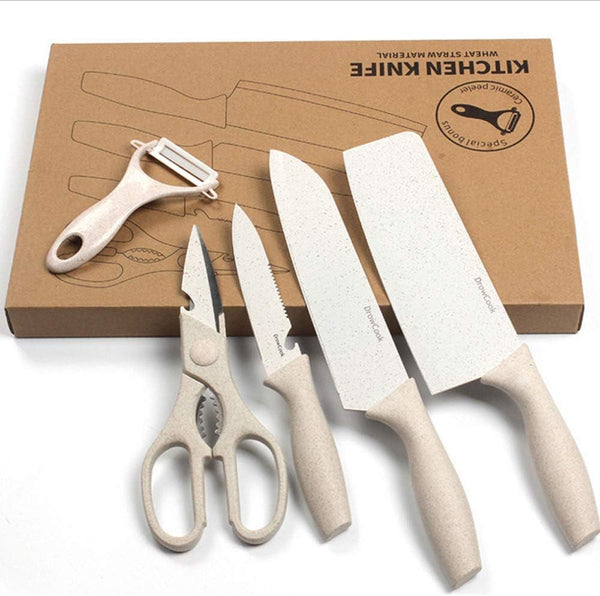 Cutlery Baby Food Scissors Stainless Steel Chef Kitchen Knife Set Five Pieces Nakiri,Steak,Santoku,Serrated, Paring Knife Set with Kitchen Shears Peeler for Vegetable Fruit Potato Ceramics (Beige)2