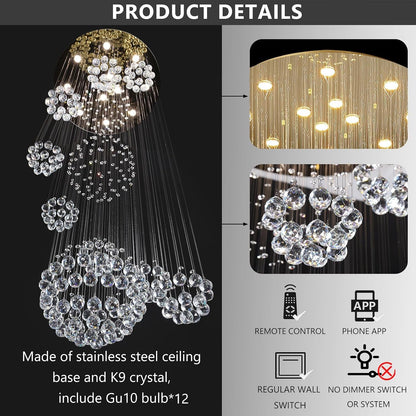 118" Modern Large Chandelier for Foyer Raindrop Crystal Chandeliers LED Dimmable High Ceiling Flush Mount Light Fixtures for Staircaes Hallway Entryway Gold2