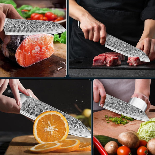 Chef Knife,Kitchen Knife Santoku Chef'S Knife 7 Inch Multifunction Kitchen Knives Damascus Steel VG-10 Blade,Knife Sharpener Rod Gift Box7