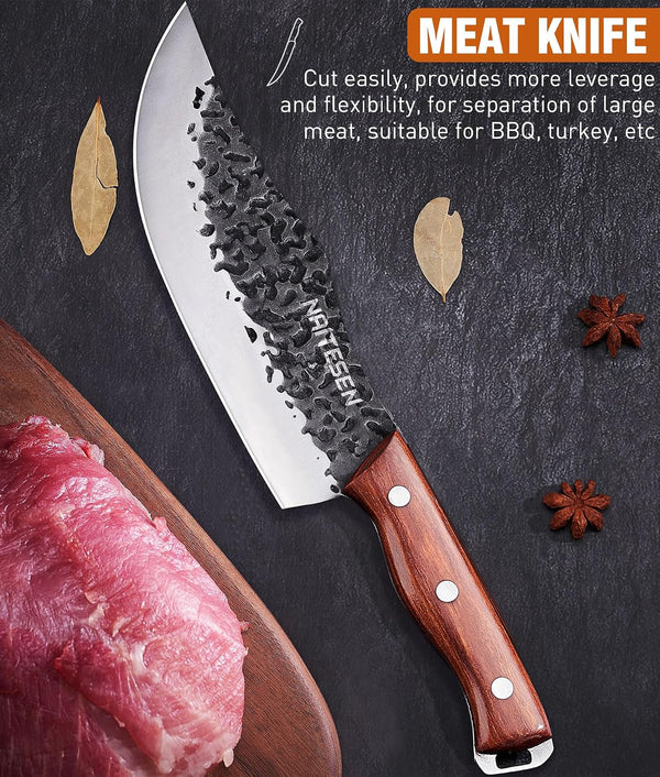 4PCS Butcher Knife and Kitchen Knife Set with Gift Box | Hand Forged Heavy Duty Meat Cleaver, Meat Knife, Serbian Chef Knife, Boning Knife Very Sharp for Meat Cutting Cooking BBQ3
