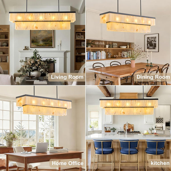 Rectangle Alabaster Chandelier, L54 Linear Chandeliers Dining Room over Table Pendant Light Modern Mrable Rectangular Chandelier for Kitchen Island Living Room 2-Tier Black(Include 16 Bulbs)2