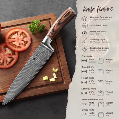 EDIB Damascus Chef Knife Set, VG10 Core Blades, 6-Pcs Kitchen Knives | Six Damascus Chef Knives with 67-Layer VG10 Damascus Steel for All Kitchen Needs, Pakkawood Handles and Wooden Gift Box2