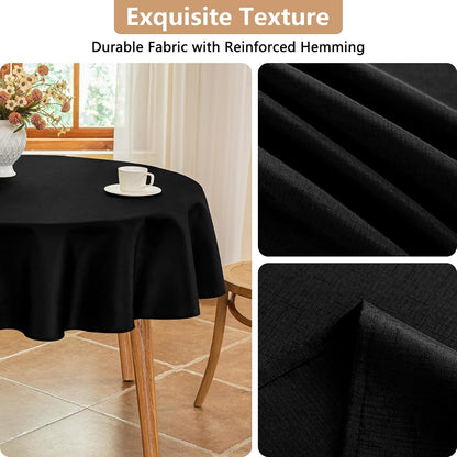 Textured 60 Inch Black Fabric Table Cloth Fits 30'' to 48'' round Table, Faux Linen Water Resistant & Wipeable Circle Tablecloth, Washable for Dinning Kitchen Patio5
