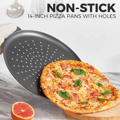 2 Pack Pizza Pan 14 Inch with Holes, Rust-Free Nonstick Pizza Pan for Oven, 0.8Mm Carbon Steel Perforated Pizza Tray with Wider Handles, round Baking Sheet for Frozen & Homemade Pizza, Grey2
