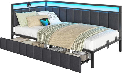 Twin Corner Bed Frame with 2 Storage Drawers and Charging Station Twin Bed Frames with Storage and Led Lights Twin Size Daybed for Kids Teen with Upholstered Guardrail,No Box Spring Needed,Gray9