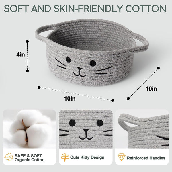 Small Cat Toy Basket, 10”X10”X4” Gray Cotton Rope Storage Bin with Handles, Woven Cat Organizer Box for Indoor Pets, Cute Kitty Easter Basket Gifts Empty, Living Room Nursery Decor2