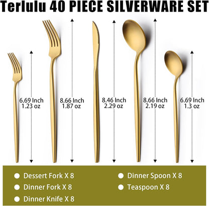 40 Piece Gold Silverware Set for 8,  Stainless Steel Flatware Set, Gold Cutlery Set Utensils Set, Tableware Include Forks Knives Spoons for Home Kitchen Restaurant Wedding, Satin Finish2