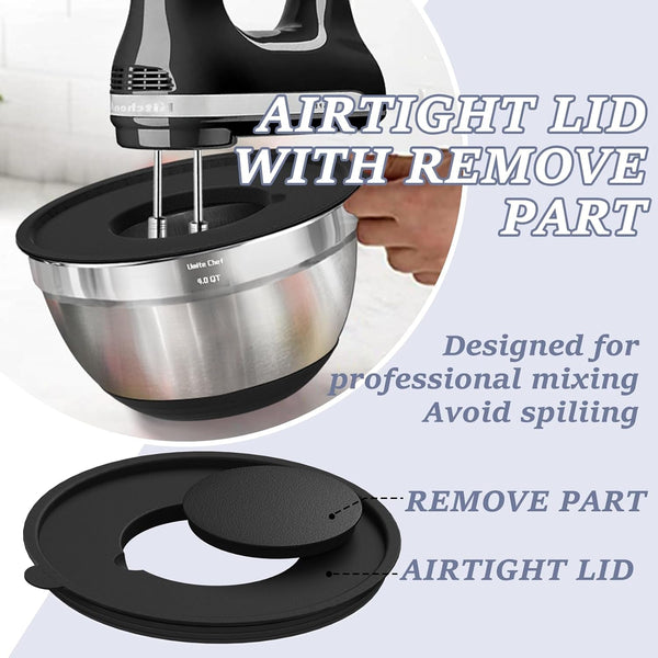 Mixing Bowls with Airtight Lids Set, 8PCS Stainless Steel Nesting Bowls Set, 3 Grater Attachments & Non-Slip Bottoms, Size 5, 4, 3.5, 2, 1.5QT for Baking & Mixing(Black)6