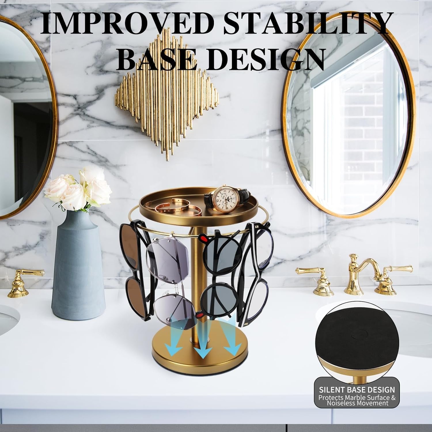 360-rotating-sunglass-organizer-storage-stainless-steel-glasses-holder-stand-glasses-organizer-with-tray-for-desk-dresser-tabletop-nightstand-and-home-decor-gold-stainless-steel-stand-with-360-rotation-holds-9-to-12-pairs-top-tray-stores-rings-and-keys-for-desk-dresser-nightstand