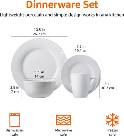 16-Piece Porcelain Dinnerware Set, Microwave and Dishwasher Safe, Service for 4, Plates, Bowls and Mugs, White7
