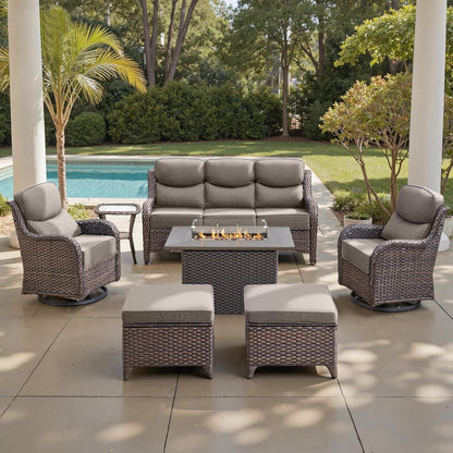 Luxury 6" Thick Cushioned 7 Pieces Patio Furniture Set with Fire Pit Table, Wicker Outdoor Conversation Set with High Back Swivel Rocker Chairs for Deck Porch Yard and Poolside - Brown+Grey1