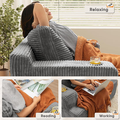 Oversized Chaise Lounge Chair, Cloud Couch with Fluffy Upholstered, Deep Seat Sleeper Sofa Bed with Two Cup Holders, Comfy Boneless Couch No Assembly Required for Living Room, Apartment (Grey)5