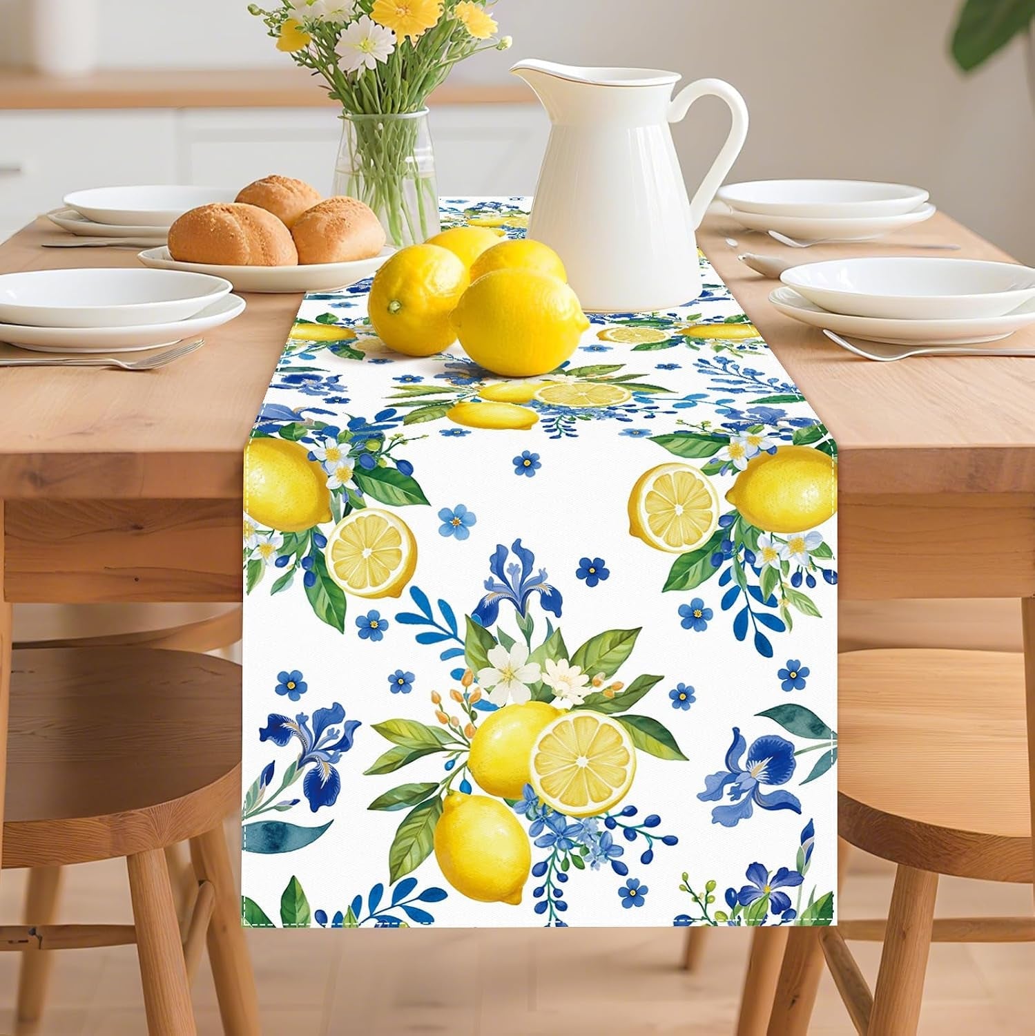 lemon-and-blue-floral-table-runner-72-x-13-inches-white-summer-spring