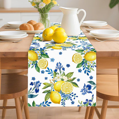 Lemon and Blue Floral Table Runner, 72 X 13 Inches, White, Summer Spring4