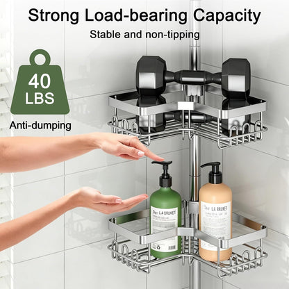 Corner Shower Caddy Tension Pole 4 Tier Rustproof Bathroom Organizer Shelves for inside Shower Bathtub Shampoo Storage,26 to 120 Adjustable Standing Rack with Towel Rack4