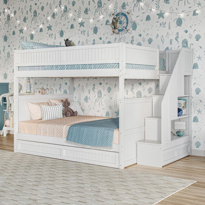 Staircase Bunk Bed with Twin Trundle & Storage Drawer White/Full over Full2