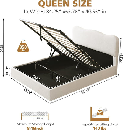 Queen Size Lift-Up Storage Bed, Upholstered Boucle Bed with Curved Headboard, Rounded Corners, Sturdy Wooden Slat Support, No Box Spring Needed, Easy Assembly, Cream White2