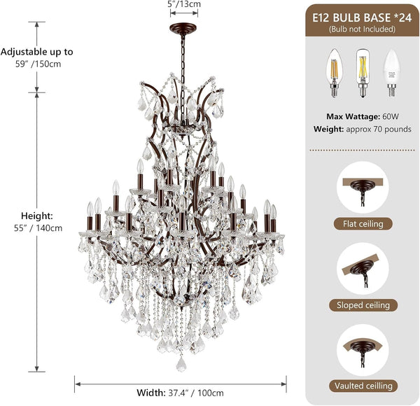 24 Lights Large Crystal Chandeliers Maria Theresa Chandelier for High Ceilings Vintage Chandelier Light Fixture Foyer Hallway Entryway Staircase 55.1" H X 39.4" D3