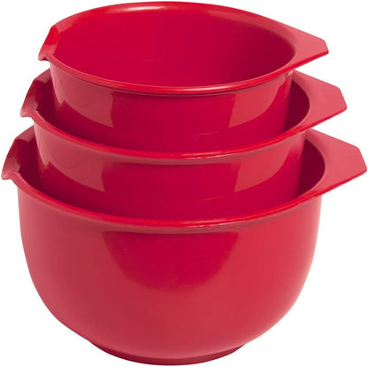 Mixing Bowls with Pour Spout, Set of 3 | Nesting Design Saves Space | Non-Slip, BPA Free, Dishwasher Safe Plastic | Kitchen Cooking and Baking Supplies, Red1