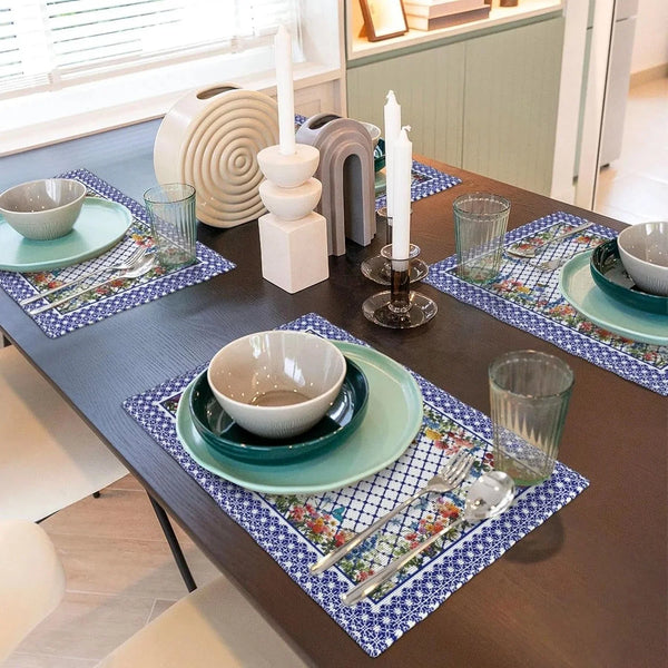 Navy Blue White Placemats Set of 4, Chinoiserie Vintage Table Mats Non-Slip Washable, Wildflowers Colorful Linen Place Mats for Kitchen Dining Home Party Indoor Outdoor Table Decor2