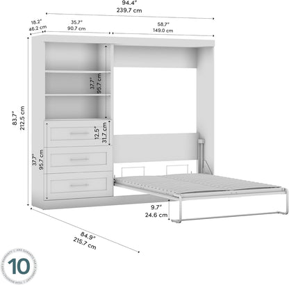 Full Murphy Bed and Storage Unit with Drawers, White, Pur, 95W9