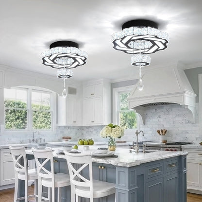 16 Inch Mini Chandelier Modern Crystal Chandeliers Light Semi Flush Mount Ceiling Light Fixture Small Black Chandelier for Bedroom Hallway Kitchen Foyer4