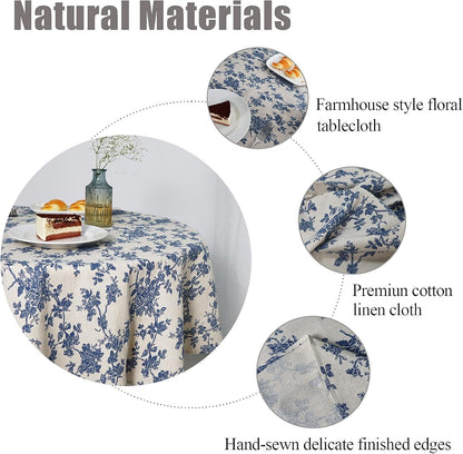 Cotton Linen round Tablecloth, Blue Floral Table Cloth round 48"4